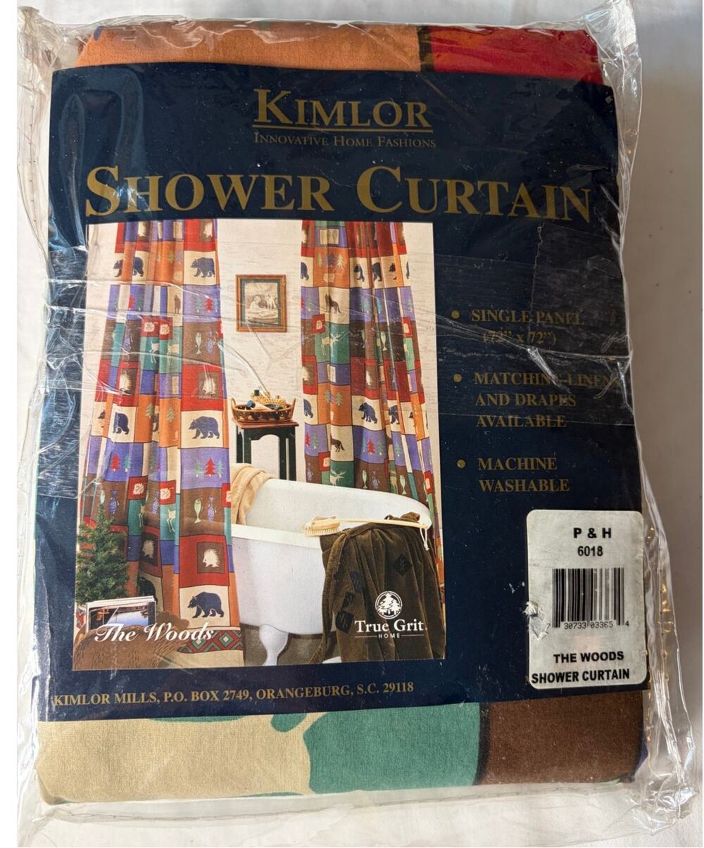 Vintage Kimlor True Grit The Woods Cabin Shower Curtain Fabric & Hooks NOS